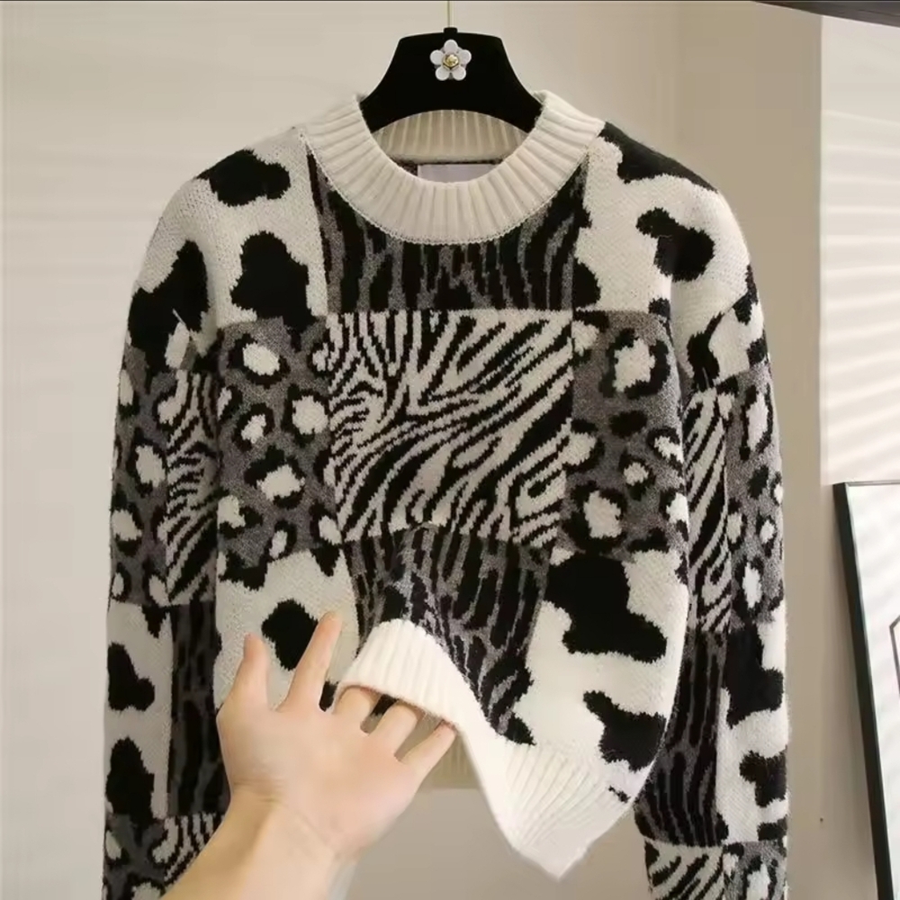 Pullovers Fashion Tops for Women Vintage Leopard Print Knit Sweaters - Picture 2 of 4